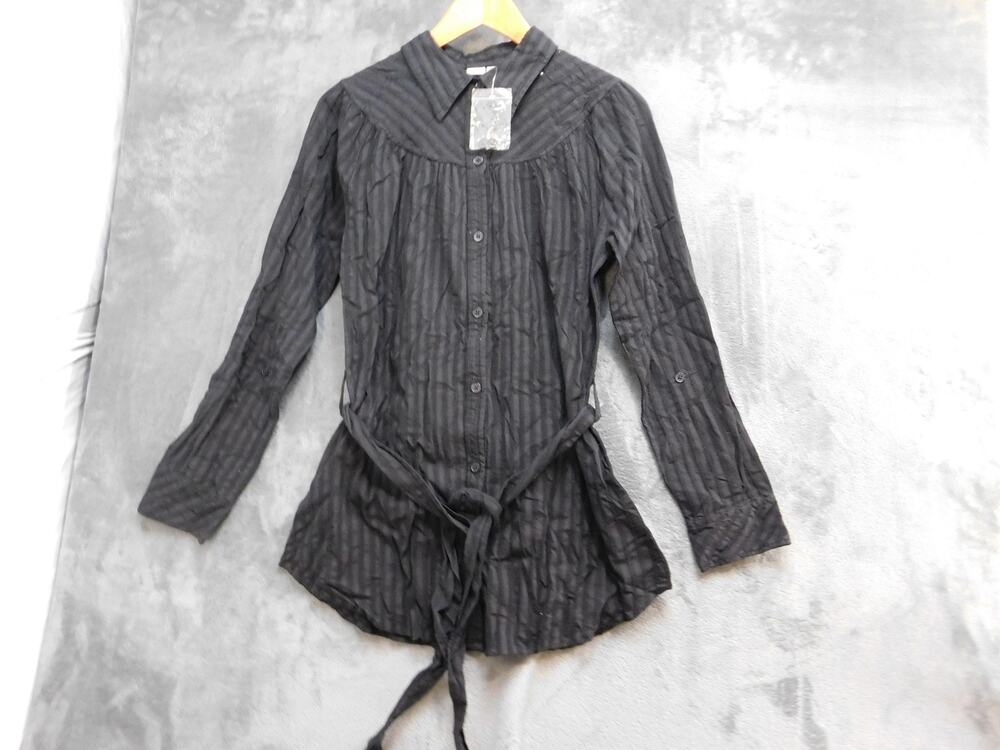 Nevada Tunic Womens M Black Button-Up Long Sleeve Collared Pleated Striped